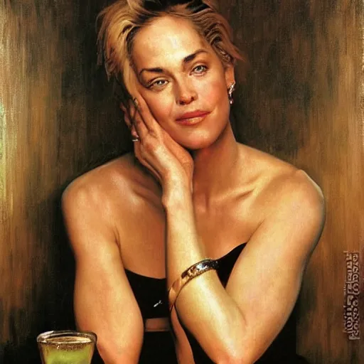 Image similar to Sharon Stone at a bar, head and shoulders portrait, extremely detailed masterpiece, Roger Deakin’s cinematography, oil on canvas, Norman Rockwell.