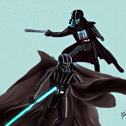 Prompt: beautiful digital painting of rick sanchez fighting darth vader. trending on artstation