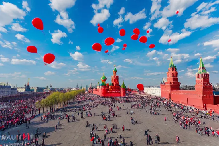 Prompt: 99 red balloons fly over the towers of the Moscow Kremlin and red square, sunny day, deep blue sky, some clouds, award winning photo, ultra realistic, 18mm Lens