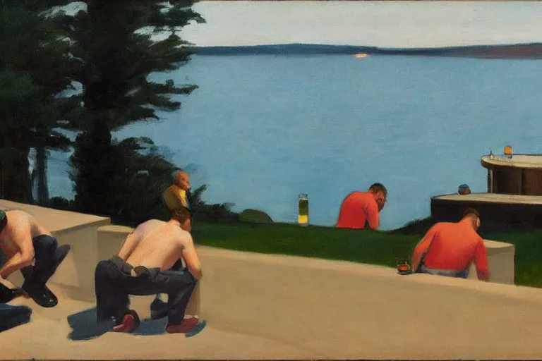 Image similar to mid - thirties guys binge drinking in front of a lake, in the style of edward hopper