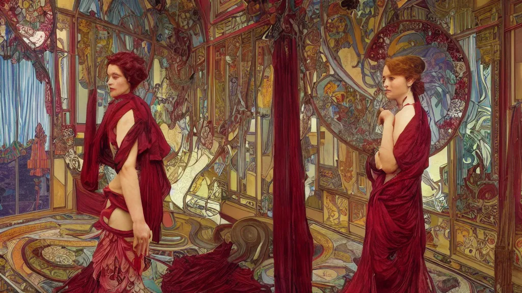 Image similar to a woman made of rubies stands in the living room, film still from the movie directed by Denis Villeneuve with art direction by android jones and donato giancola and alphonse mucha, wide lens, 4K, realistic