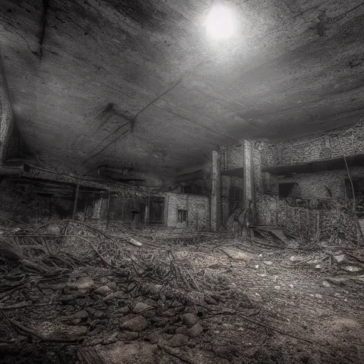 Image similar to a Abandoned Cole mine, creepy atmosphere, 8k