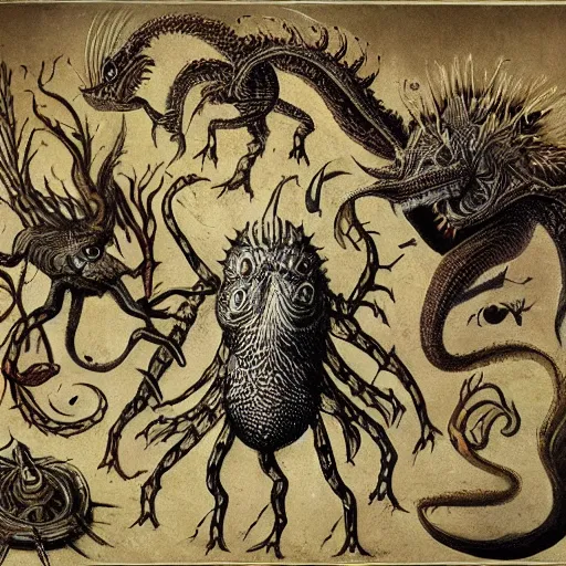 Image similar to bestiary of creatures from the depths of the unconscious psyche