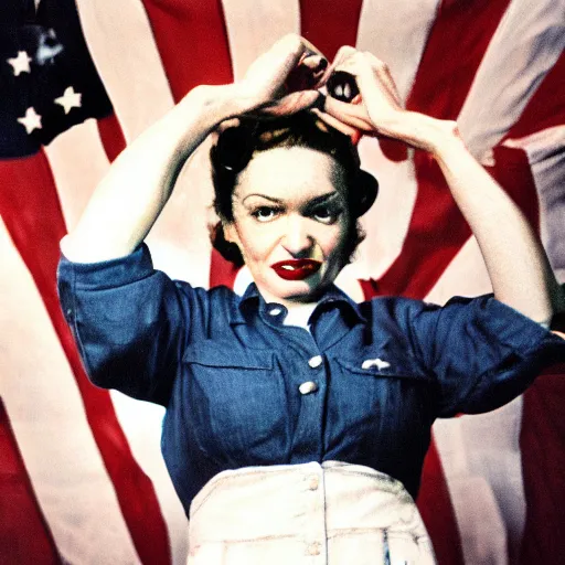 Image similar to a photograph of Rosie the riveter by Annie Leipovitz