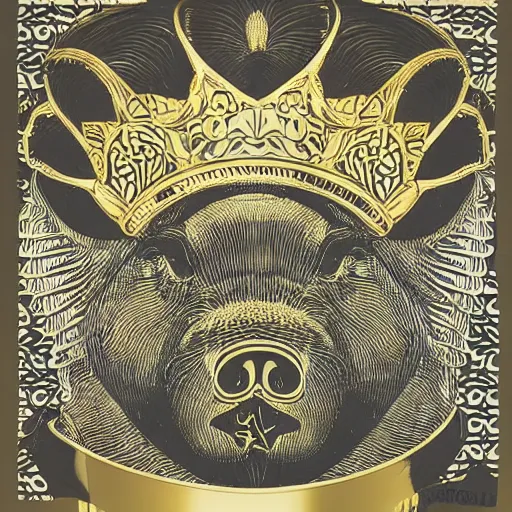 Prompt: Sideview Portrait of pig wearing a gold crown on it's head Shepard Fairey