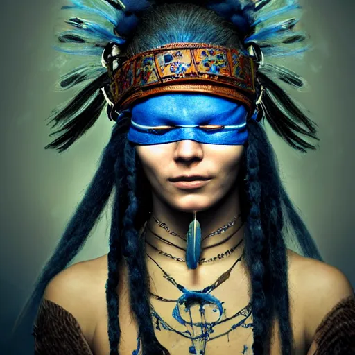 Image similar to A young blindfolded shaman woman with a decorated headband, in the style of heilung, blue hair dreadlocks and wood on her head, atmospheric lighting, intricate detail, cgsociety, ambient light, dynamic lighting, made by karol bak