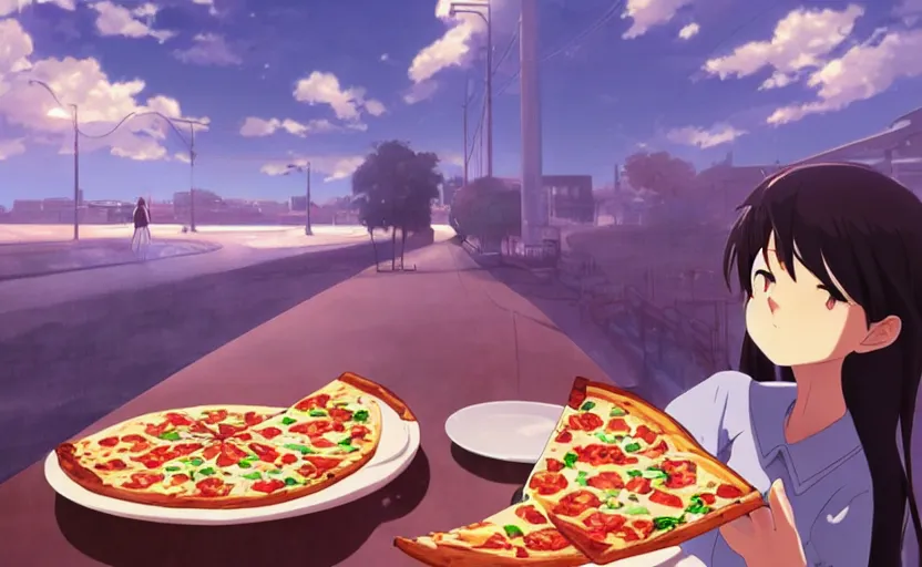 Image similar to An anime girl eating a slice of pizza, savoring the flavor, anime scenery by Makoto Shinkai, digital art