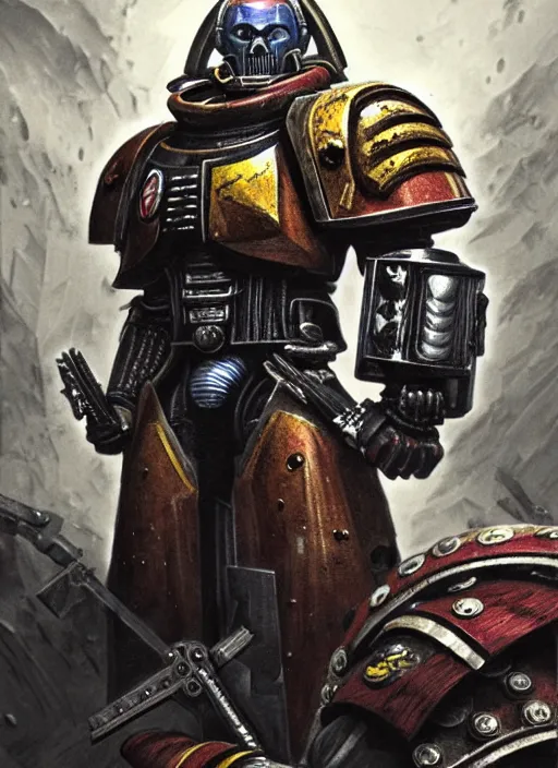 Prompt: portrait of willem dafoe as a space marine, intricate, warhammer, warhammer 4 0 k, highly detailed, digital painting, concept art, sharp focus, illustration, muted colors, grim dark, moody, gloomy, art by john blanche, by pedro nunez, by jaime martinez, by nacho molina