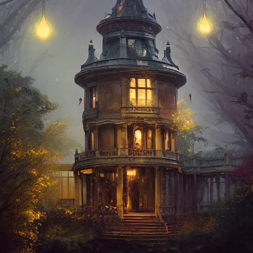 Image similar to clock house, magical world, by greg rutkowski, sung choi, photo realistic, 8 k, cinematic lighting, hd, atmospheric, hyperdetailed, trending on artstation, devainart, digital painting, glow effect