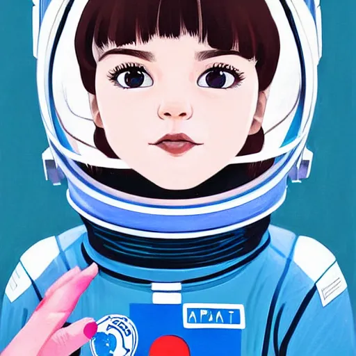 Image similar to a painting of a little girl with short wavy curly light brown hair and blue eyes, floating in space. she is an astronaut, wearing a space suit. beautiful detailed face line art by ilya kuvshinov