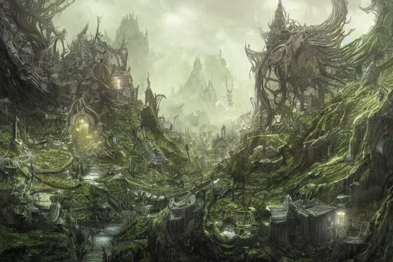 Image similar to green fairy land, beautiful, mesmerizing, concept art, highly detailed, smooth, fantastical, cinematic, artstation, inspired by monstress, sana takeda