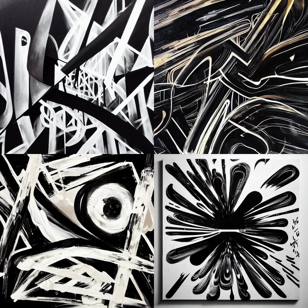 Prompt: “modern calligraphy art in starship, black color paint and black Canvas, metal, caligrafiturism style, multi-layered artworks, abstract, oil paint, nitro paint, spray paint, Acrylic paint, high quality, Behance, 3D render, technology”