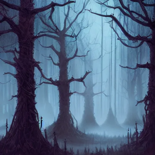 Prompt: An evil forest, gothic, dark fantasy, dark atmosphere, ominous, digital painting, highly detailed, surreal, artstation