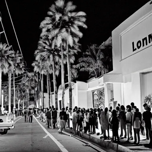 Image similar to a medium shot of a line of people outside of a trendy nightclub at midnight, palm trees on the street, directed by christopher nolan