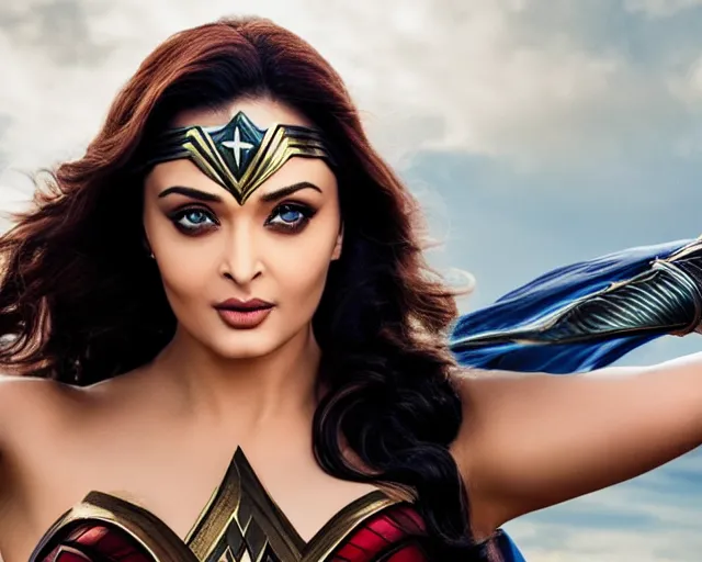 Image similar to a photo of aishwarya rai as a wonder woman, hyper realistic face, beautiful eyes, cinematic, long shot, hyper detailed, 8 5 mm photograph, 8 k resolution, film still, sharp lens, wide lens