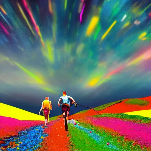 Image similar to hyperpop art of a bucolic landscape with two hikers shattering into millions of brightly coloured Smarties towards the heavens, cinematic shot