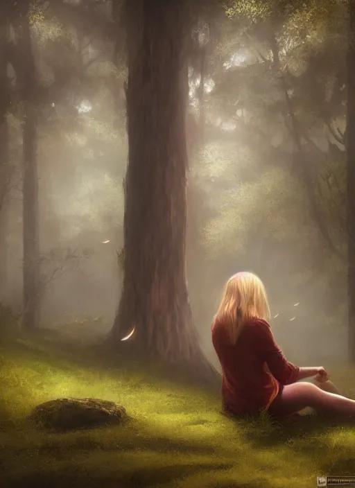Image similar to portrait, blond girl sits in mystical misty forest, reading under a tree, fireflies, dramatic lighting, cinematic, establishing shot, extremly high detail, foto realistic, cinematic lighting, post processed, concept art, artstation, matte painting, style by eddie mendoza, raphael lacoste, alex ross