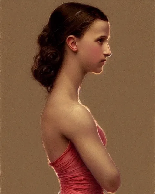 Image similar to a shadowy portrait painting of a shy, blushing 1 6 - year old alicia vikander or millie bobby brown in a leotard lit by candlelight at night, intricate, elegant, highly detailed, artstation, concept art, by krenz cushart and donato giancola and william adolph bouguereau and alphonse mucha