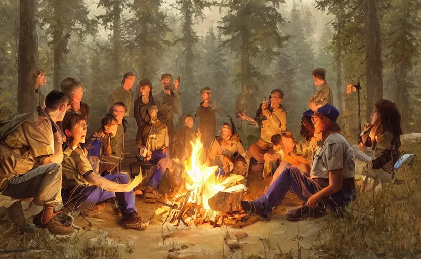 Image similar to A group of Scouts singing songs around a campfire by a lake, trending on artstation, 8k, highly detailed, warm lighting, concept art, illustration, art by artgerm and greg rutkowski and alphonse mucha