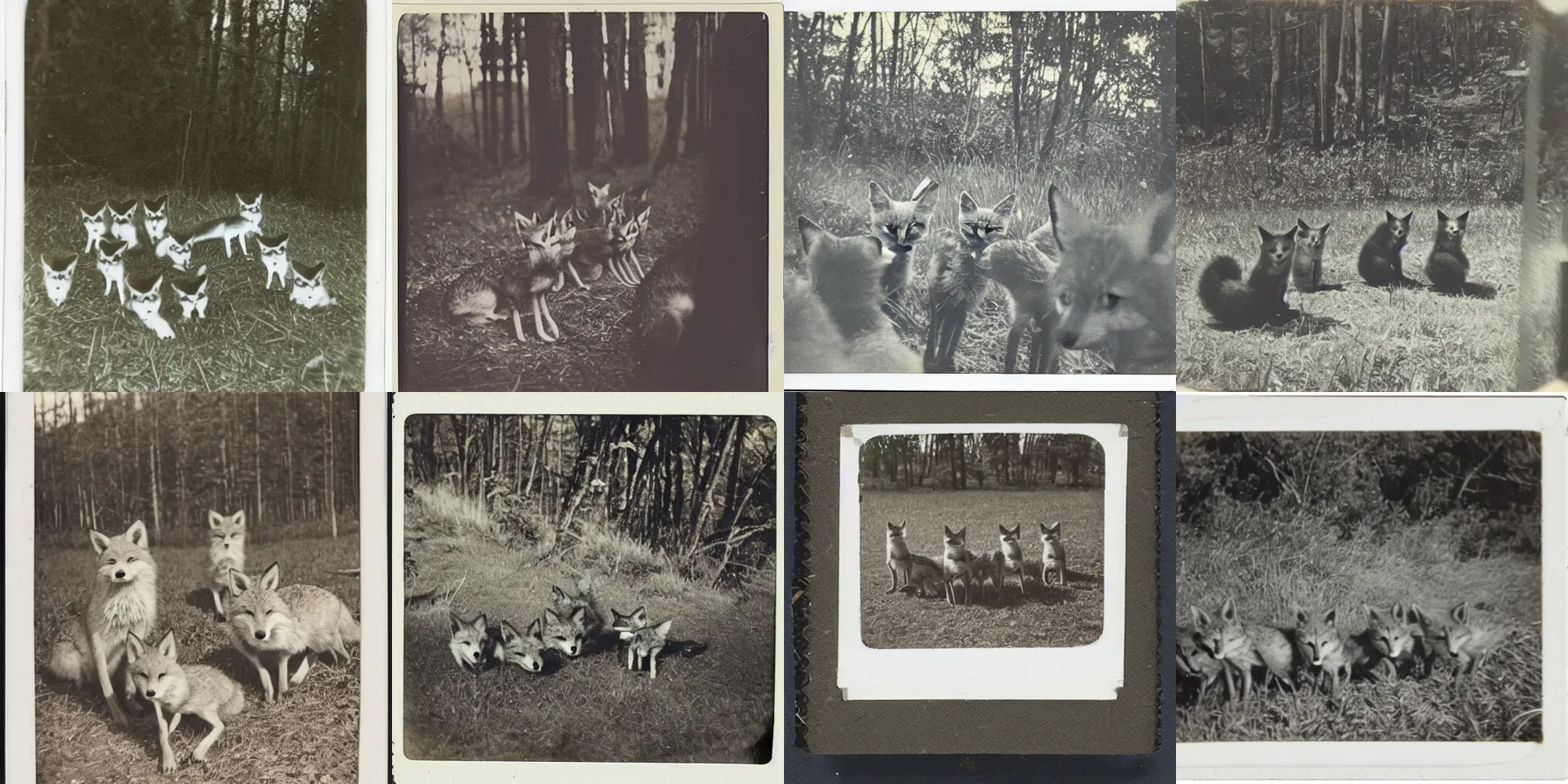 Prompt: old polaroid from 1 9 5 2 depicting a group of foxes, sitting next to each, looking directly into camera, on a clearing, sunny day