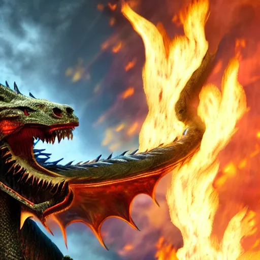 Image similar to dragon that blows fire on himself, photorealistic, 4 k