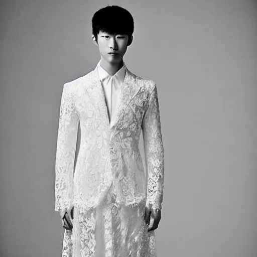 Image similar to a beautiful young korean male wearing a translucid lace wedding gown designed by alexander mcqueen, photographed by andrew thomas huang for a fashion editorial