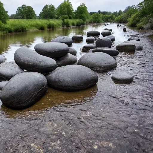 Prompt: detailed footage of european hunger stones in a river, photographic journalism, realistic, european river, carvings of drought and famine