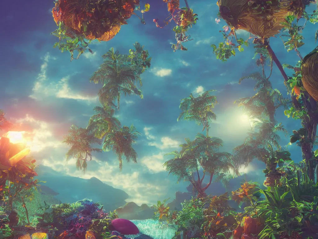 Image similar to ( ( 3 d render ) ), sunlight study, kauai, the universe is a spheroid region, art nouveau, by rachel ruysch and ( ( ( ( ( lisa frank ) ) ) ) ), 8 k, sharp focus, octane render
