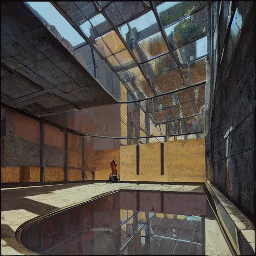 Image similar to detailed face of an indian woman, travertine and stainless steel courtyard, terrazzo, tectonic sky, skydome, reactor, utopian, tech noir, wet reflections, prism, atmospheric, ambient, pj crook, syd mead, livia prima, artgerm, greg rutkowski, nick alm, casey baugh