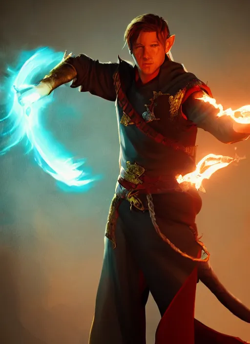Prompt: A fantasy comic book style portrait painting of a Channing Tatum as a elf Sorcerer casting a fire spell, unreal 5, DAZ, hyperrealistic, octane render, RPG portrait, ambient light, dynamic lighting