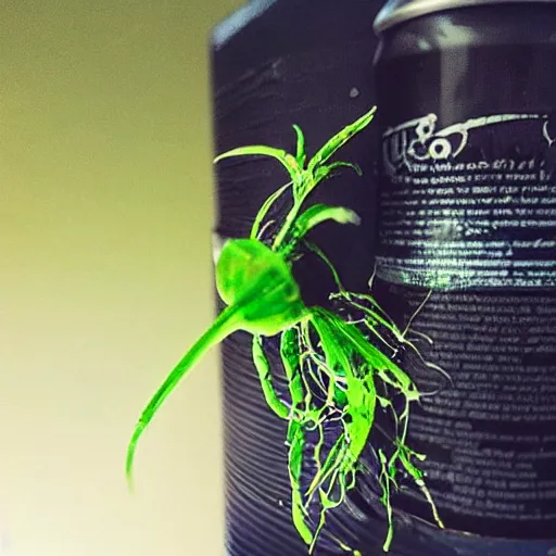 Image similar to “photo of a single wilted flower growing out of a Monster energy drink can with holes oozing black liquid with server cables and cat-5 cables everywhere surrounding it”