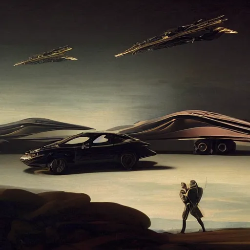 Image similar to full lenght sci-fi cars in the coronation of napoleon painting by Jacques-Louis David in the blade runner 2049 film and point cloud in the middle and everything in form of zaha hadid architects artwork by caravaggio unreal engine 5 keyshot octane lighting ultra high detail ultra hyper realism 8k 16k in plastic dark tilt shift full-length view