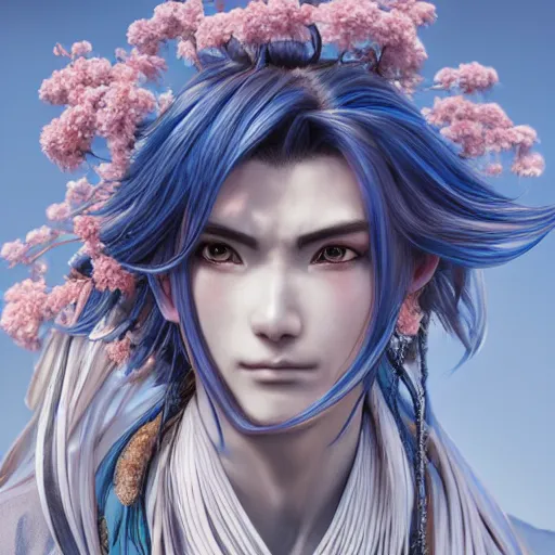 Image similar to an immortal xianxia cultivator with long blue hair as an absurdly handsome, elegant, young anime man, ultrafine hyperrealistic detailed face illustration by kim jung gi, irakli nadar, intricate linework, sharp focus, bright colors, matte, gujian, final fantasy, unreal engine highly rendered, global illumination, radiant light, intricate environment