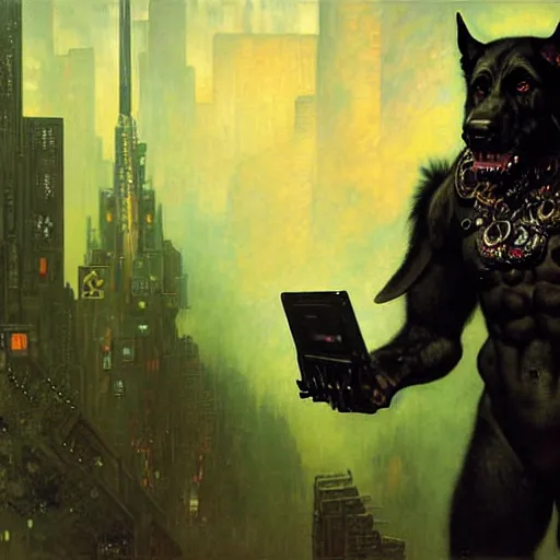 Image similar to a portrait of a black german shepard orc dogman canine neuromancer with human eyes serious looking holding computer console. shadowrun cyberpunk fantasy d & d highly detailed painting by gaston bussiere craig mullins jc leyendecker gustav klimt artgerm greg rutkowski