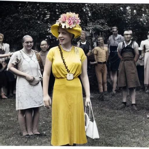 Image similar to an image of a queen with tan skin long rippling cinnamon hair and emerald colored eyes in a medium full shot, vintage historical fantasy 1 9 3 0 s kodachrome slide german and eastern european mix. the queen is pictured attending a barbecue for youth volunteers. she is dressed in a yellow dress paired with floral accessories.