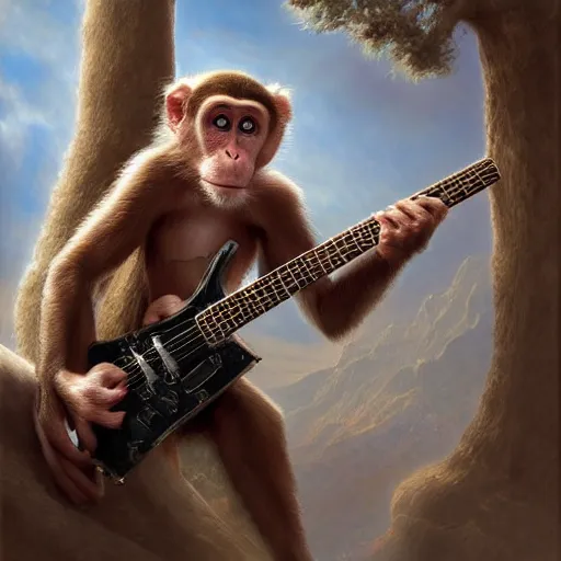 Image similar to Realistic Monkey playing Rudolph Schenker's guitar, by Antonio Caparo and Ferdinand Knab and Greg Rutkowski UHD photorealistic trending on artstation