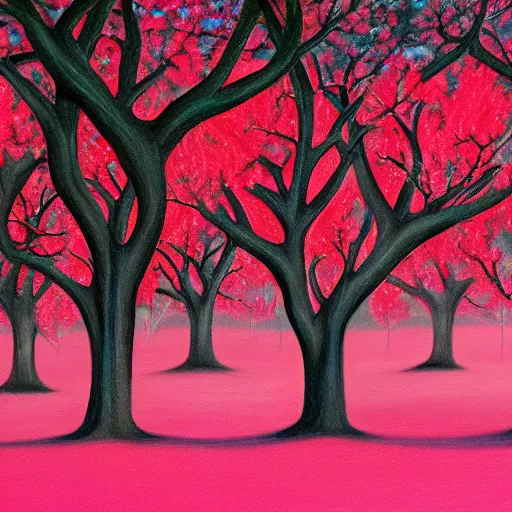 Image similar to trees with valentine heart shaped leaves in pink and red, magical realism beautiful landscape detailed luminescent painting 4 k