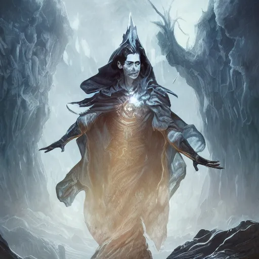 Image similar to tom hiddleston as a necromancer, summoning undead, glacier landscape, d & d, fantasy, intricate, elegant, highly detailed, digital painting, artstation, concept art, matte, sharp focus, illustration, art by artgerm and greg rutkowski and alphonse mucha