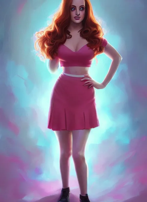 Image similar to full body portrait of teenage cheryl blossom, bangs, green eyes, sultry expression, red hair, sultry smirk, bangs and wavy hair, pink skirt, bangs, intricate, elegant, glowing lights, highly detailed, digital painting, artstation, concept art, smooth, sharp focus, illustration, art by wlop, mars ravelo and greg rutkowski