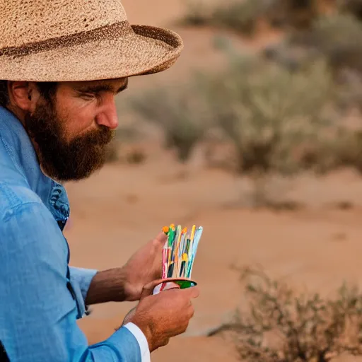 Image similar to portrait of a man in cameo sitting in the desert eating some delicious crayons, beautiful composition, 5 0 mm f 1. 8, ambient light