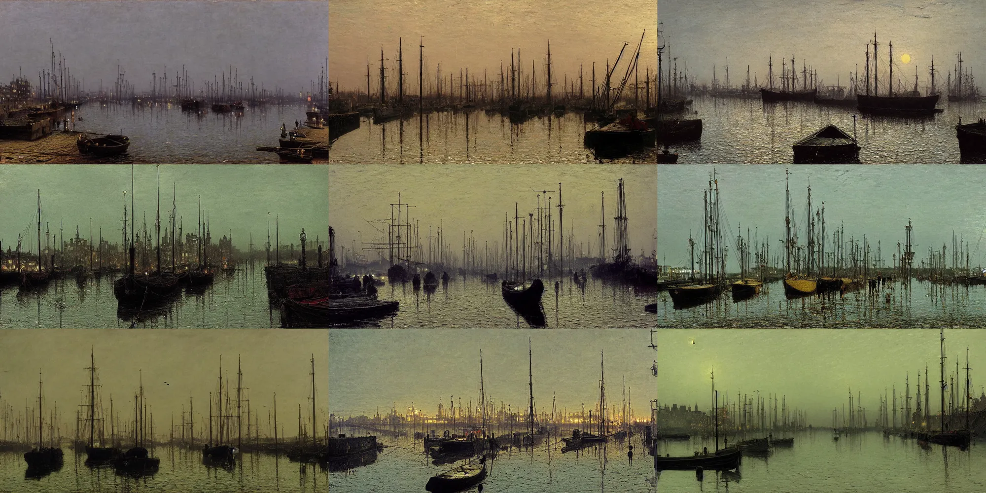 Prompt: boats in dock,morning, by John Atkinson Grimshaw