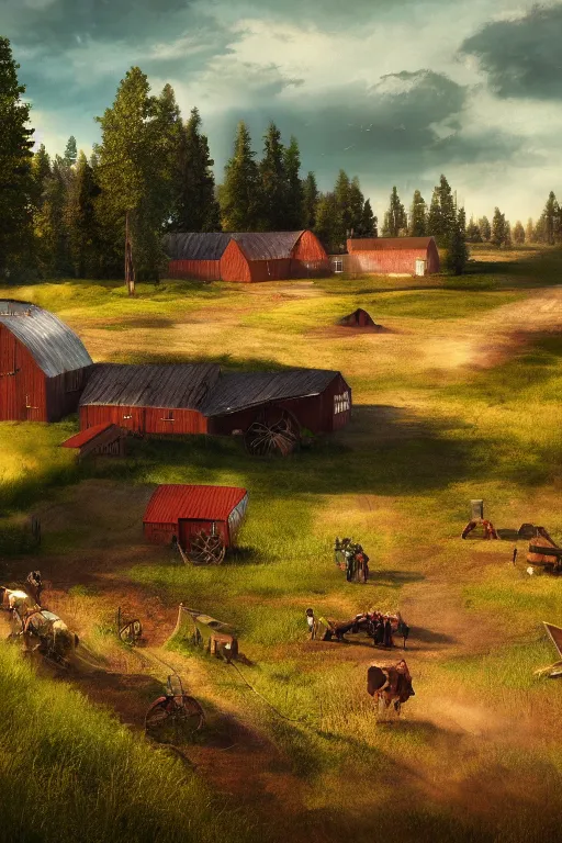 Image similar to finnish farm, summer, open wide, epic, cinematic, elegant, highly detailed, featured on artstation