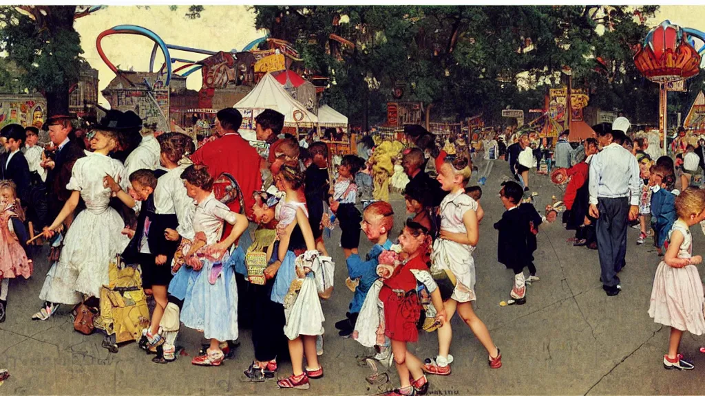 Image similar to kids wandering through a carnival, all ignoring the rides and pasting in their phones instead, by Norman Rockwell