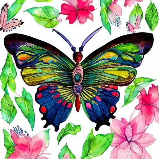 Prompt: beautiful watercolor intricate colorful drawing of a butterfly, surrounded by decorative flowers on the bottom, on a white background :: top down view