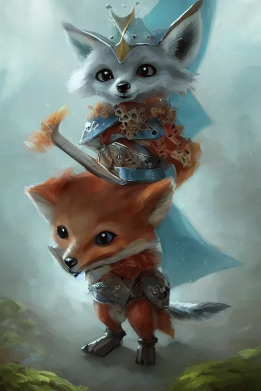 Image similar to cute little anthropomorphic foxy knight wearing a cape and a crown, tiny, small, miniature fox, baby animal, short, pale blue armor, cute and adorable, pretty, beautiful, DnD character art portrait, matte fantasy painting, DeviantArt Artstation, by Jason Felix by Steve Argyle by Tyler Jacobson by Peter Mohrbacher, cinematic lighting