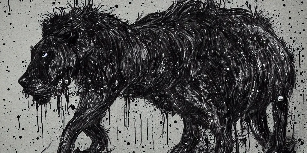 Image similar to the black lioness, made of ferrofluid, in a suburban neighborhood, dripping tar. animal drawing, drawing, environment art