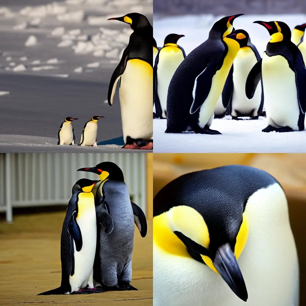 Prompt: emperor penguin in a house as a pet, pet emperor penguin, cute photo, award winning photo UHD