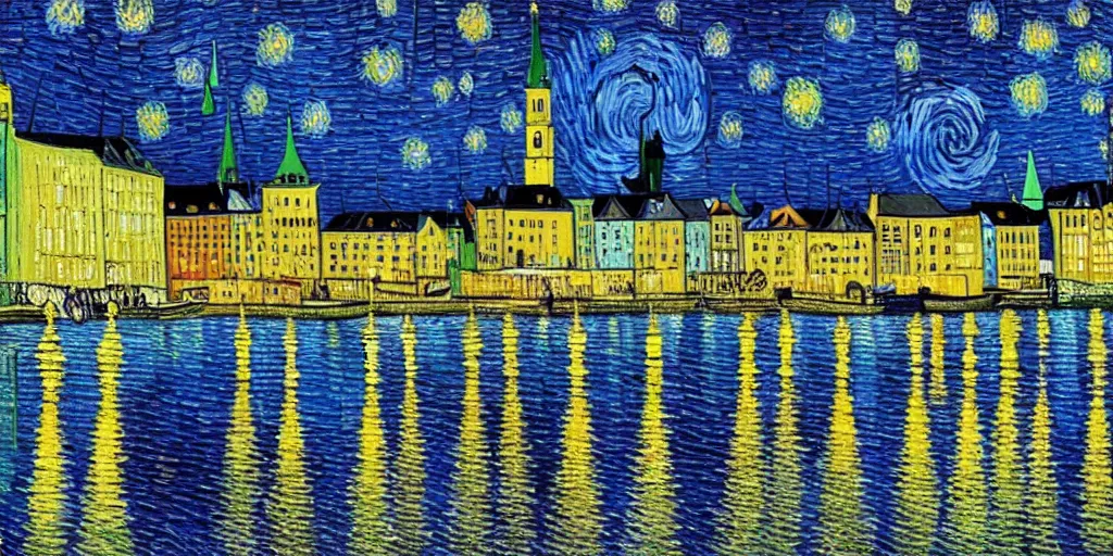 Prompt: a painting of the city of Rostock in the style of Vincent van Gogh, starry night, blue and yellow, sharp, 8k-resolution, highly-detailed, award-winning,