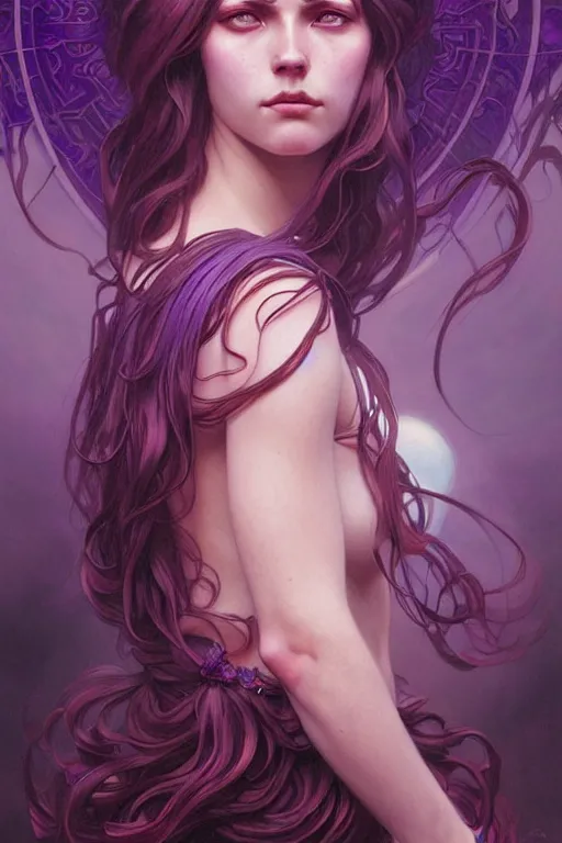 Image similar to giant purple worm, fantasy, amber eyes, face, long hair, intricate, elegant, highly detailed, digital painting, artstation, concept art, smooth, sharp focus, illustration, art by artgerm and greg rutkowski and alphonse mucha