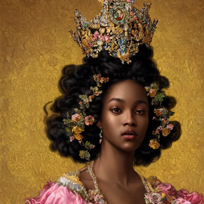 Image similar to highly detailed venetian rococo portrait of a black princess wearing a crown, golden jewels, pastel flowery background, volumetric lighting, flowers, fantasy, realistic, symmetrical face, digital illustration, art by krenz cushart, alphonse mucha, kehinde wiley, artem demura